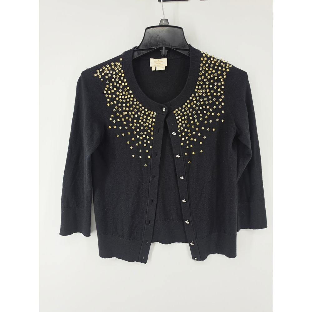 Kate Spade Black Silk Cashmere Blend Studded Rhinestone Cardigan Sweater XS